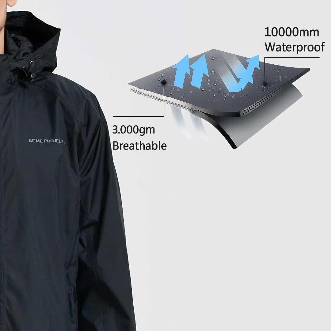 Acme Projects Traje de Lluvia (Chaqueta + pantalón), 100% Impermeable, Transpirable, 10000 mm / 3000 g, Cremallera YKK