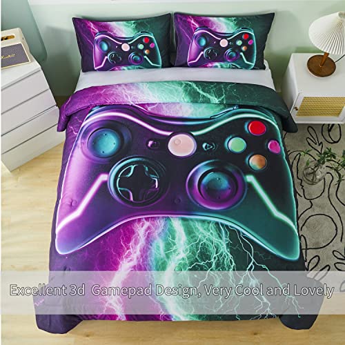 Rynghipy Tie Dye Lighting Design Gamer Comforter Set For Teen Boys Girls, Purple Green Gradient Gaming Bedding Set, Buttons Video Game Down Alternative Comforter For Game Lovers (Purple-Green,Twin) #TOP1