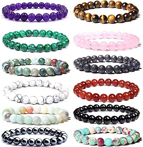 CASDAN 12PCS 8mm Gorgeous Semi-Precious Gemstones Round Beads Energy Power Crystal Reiki Healing Elastic Stretch Bracelet for Women Men Gifts