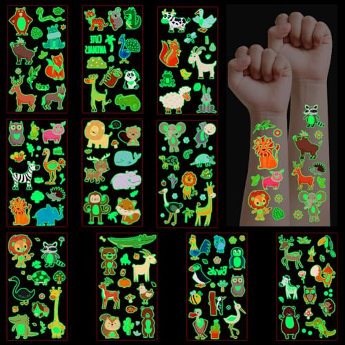 DiULi Tatuagens Temporais Crianças, 10 Folhas Luminosas Tatuagens Temporais, Impermeáveis, Adesivos Tatuagens Infantis, Calcomanias Criança para Enchimento de Piñata de Aniversário, Festa no Colégio