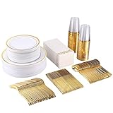 FOCUSLINE 350 Piece Disposable Gold Dinnerware Set for Party or Wedding-100 Gold Rim Plastic Plates - 50 Gold Plastic Silverware - 50 Gold Plastic Cups - 50 Linen Like Gold Paper Napkins(50 Guest)