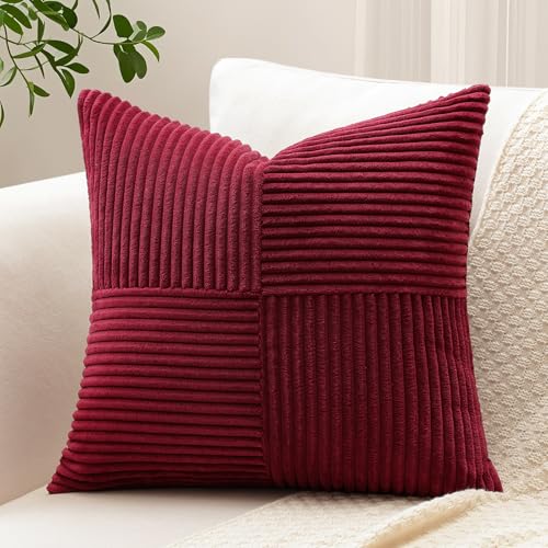 Sungeek Juego de 1 Funda de Cojín de Pana Suave 50x50 cm Fundas de Almohada Decorativas con Patchwork a Rayas Cruzadas Funda Cojines para Sofá Cama Dormitorio Sala de Estar, Burdeos