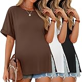 Ficerd 3 Pack Women's Maternity Shirts Half Sleeve Loose Pregnancy Tops Crew Neck Side Split Pregnant Clothes(Black, White, Brown,Large)