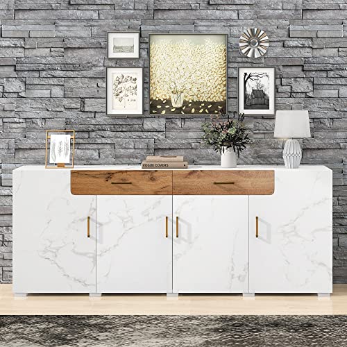 Enfilade 208x39x80 cm Commode avec 4 Portes 2 tiroirs buffets pour Chambre Salon Salle à Manger Cuisine Meuble Bas Buffet Armoire de Rangement Blanc