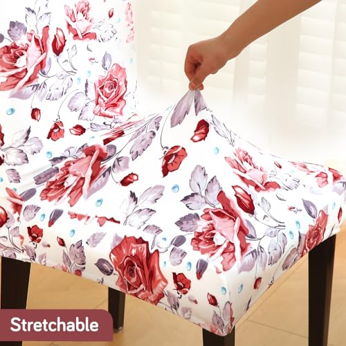 Image of HOKIPO Premium Printed Velvet Dining Chair Cover Set of 6, Red Cottage Rose (AR-5794-D6*6)