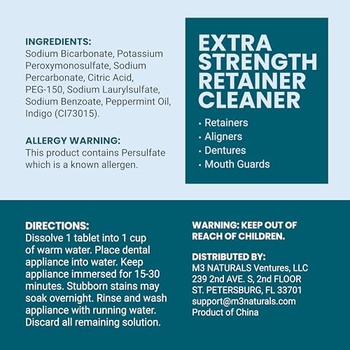 Image of Retainer Cleanser Tablets Cleaner, Removes Odors Discoloration Stains and Plaque 2 Month Supply Denture Cleansers Retainers Mouth Guards Denture Bath Mint by M3