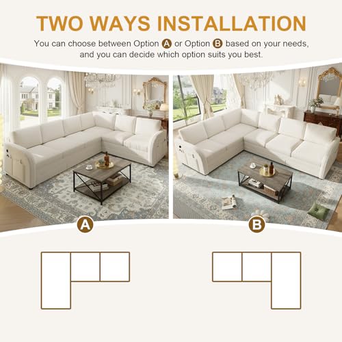 Image of KCGKCG 115.2 inch L Shaped Couch Bed, Sectional Couches for Living Room, Teddy Fabric Sleeper Sofa Bed with Pull Out Couch, Convertible Sectional Couch with Charging Station & Side Pocket, Beige