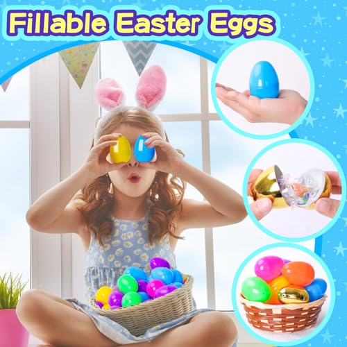 MGparty Fillable Easter Eggs with Hinge Include Golden Eggs, Bulk 2.3" Empty Plastic Eggs, Colorful Bright Eggs for Easter Eggs Hunt, Basket Stuffers Fillers