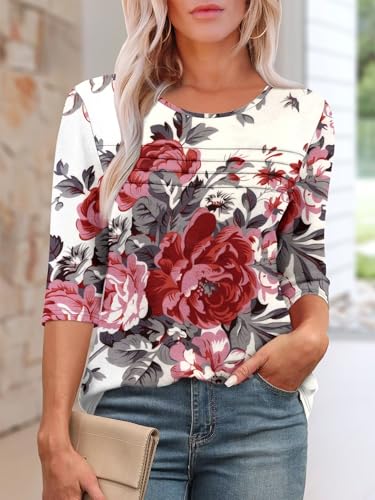 KISSMODA Women's Casual 3/4 Sleeve T-Shirts Round Neck Cute Tunic Tops Basic/Pleated Summer Tops Trendy Spring Blouses