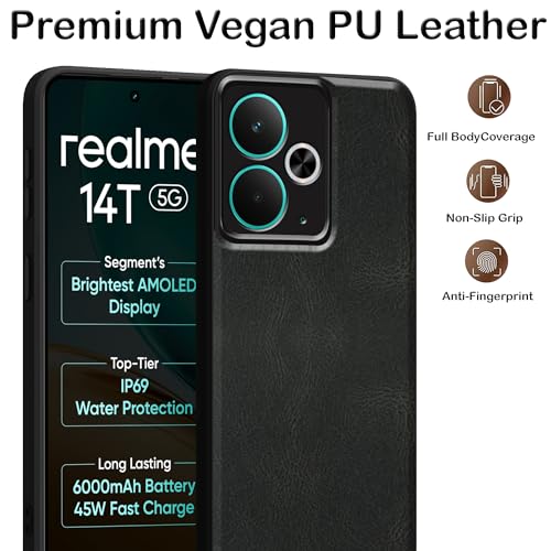Image of amazon basics Back Cover for Realme 14T 5G | Ultra Slim Soft Rubberised Case | Oil Feel Soft Leather Back | Camera Protection - Black