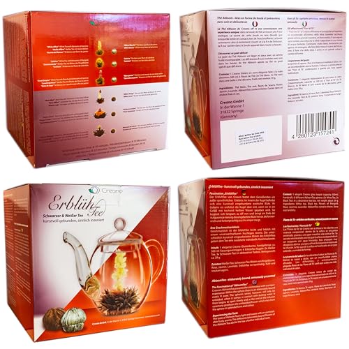 Creano Teeblumen Geschenkset - Erblühtee mit 500ml Glaskanne & 6x schwarzer & weißer Tee + 1x Teelini Schwarztee Bonuskugel - 8 teilig