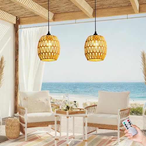 Battery Operated Chandelier, 2 Pack Natural Rattan Pendant Lights - Waterproof Outdoor Boho Hanging Lamps with Egg-Shaped Design, for Patios, Pergolas, Porch, Gazebo & Indoor Ceiling Decor