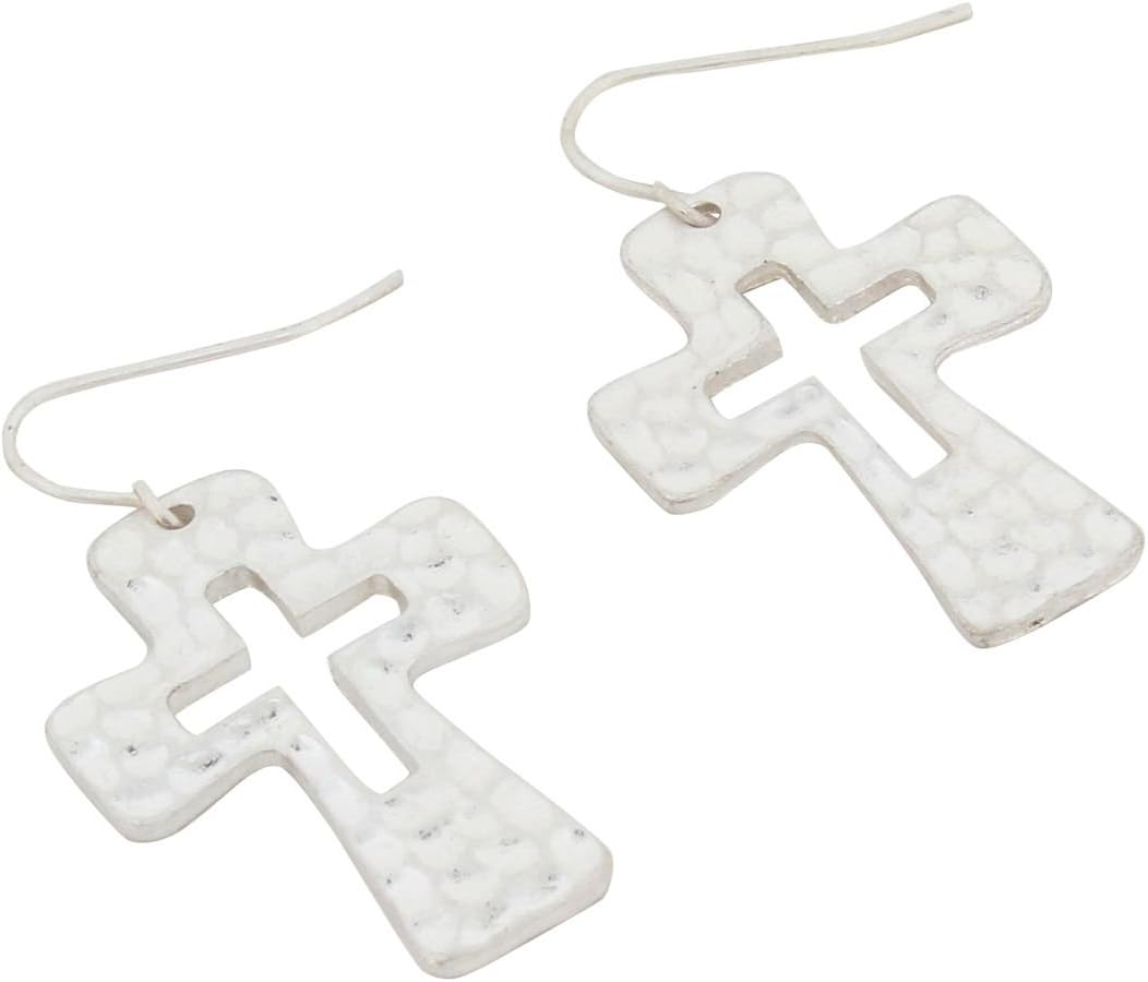 Silvertone Small Cut Out Cross Earrings. Fish Hook Style with 1.5" Drop.