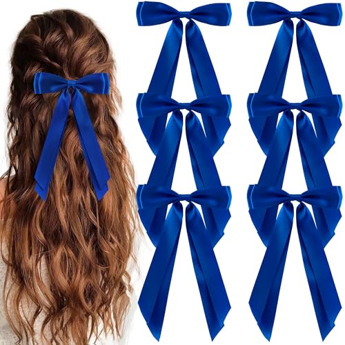 hisial 6Pcs Hair Bows Clips for Hair Silky Satin Ribbon Alligator Barrettes French Hair Ponytail Holders Cute Accessories for Women Girls(Royal Blue)