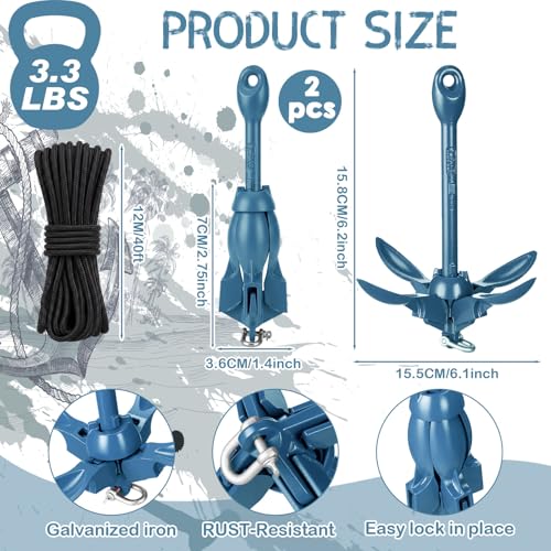 Image of Lounsweer 2 Pack 1.5 /3.5 lb Marine Kayak Anchor Kit Folding Grapnel Anchor Kit Boat Kayak Fishing Accessories for Small Boats Kayaks Canoe Paddle Boards