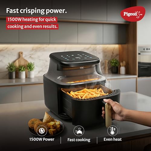 Image of Pigeon by Stovekraft Healthifry 5.4L Digital Air Fryer | 1500W |See Through Glass Window|360 Rapid Air Circulation |80% Less Oil |Non-Stick Basket |Touch Control |Auto Shut-Off |2 Yrs Warranty |Black