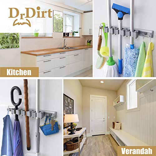 Drdirt Broom Holder Wall Mount With 3 Sliding Grippers And 4 Hooks, 13.4Inch Heavy Duty Garden Tool Organizer Mop And Broom Holder For Home Kitchen Bathroom Laundry Room Closet Garden Garage, Gray #TOP2