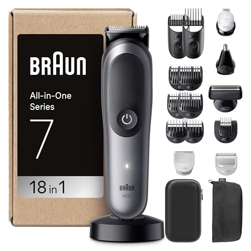 Braun Recortadora Todo En Uno Series 7 AIO7585, Kit De Styling 18en1 Para Barba, Pelo, Orejas, Nariz y Cuerpo, 120 Min De Autonomía, Cortapelos Hombre Con Lámina Ultra Afilada, Gris