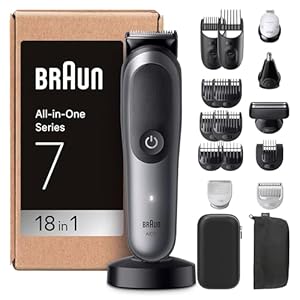 Braun Recortadora Todo En Uno Series 7 AIO7585, Kit De Styling 18en1 Para Barba, Pelo, Orejas, Nariz y Cuerpo, 120 Min De Autonomía, Cortapelos Hombre Con Lámina Ultra Afilada, Gris