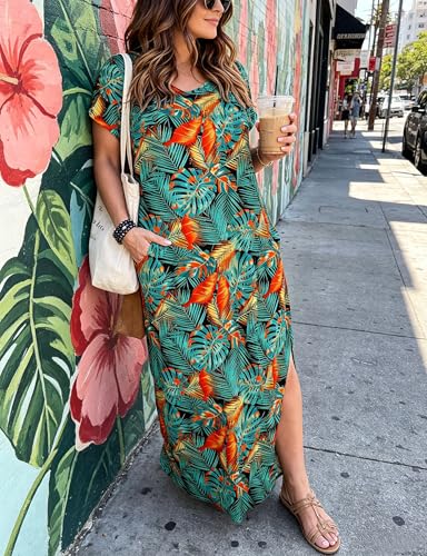 Image of Kancystore Women's Plus Size Dresses Summer Casual Loose Pocket Short Sleeve Slits Long Maxi Dress XL-5X