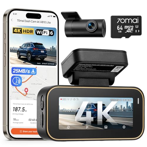 70mai A810 Lite Dashcam Vorne Hinten 4K Dashcam 2160P+1080P mit 64GB Karte 24H Parküberwachung 4G LTE Fernzugriff unterstützt Notfall-Voraufzeichnung G-Sensor Nachtsicht HDR F1.55 5GHz WiFi