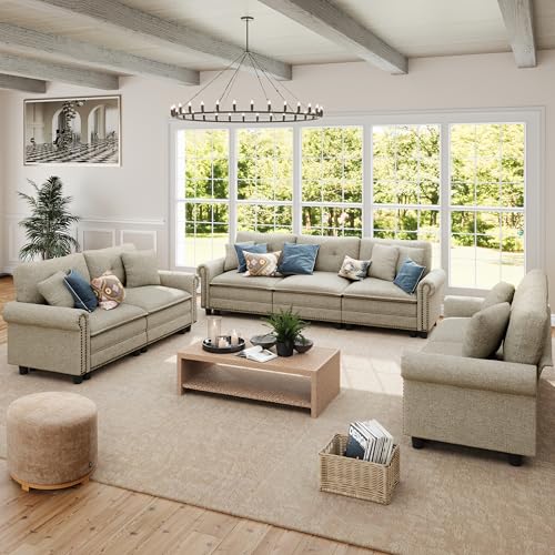 Image of SUNSHINE VALLEY Modular Sectional Sofa and Loveseat Set Living Room 3-Piece | Mid-Century Modern 7-Seater Cloud Couch Set, Light Grey, Rolled Arms & Nailhead Trim, Wider Seats, Soft Linen Furniture Set