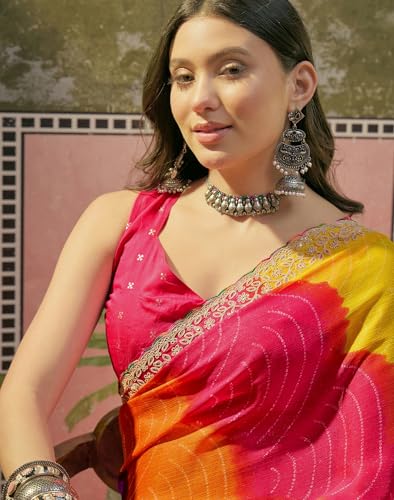 Image of SIRIL Women's Chiffon Scalloped Border Sequins Embroidery Saree with Unstitched Blouse Piece