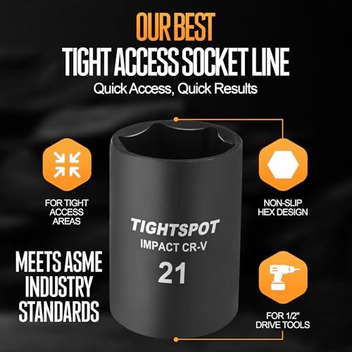 Image of TIGHTSPOT 1 /2 Inch Drive 21mm Shallow Impact Socket with Anti-Rounding 6 Point Design, Heat-Treated CRV Steel