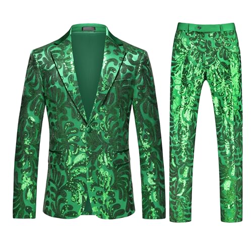 Men's Sequin Suit Set – Slim Fit Wedding Suit 2 Piece, One Button Floral Tuxedo Blazer & Pants for Party, Prom, Disco