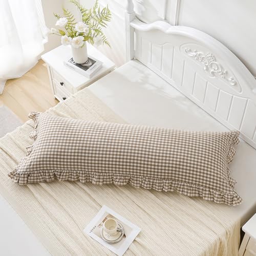 Taupe/White Plaid Ruffled Body Pillow Cover Washed Cotton Farmhouse Checkered Gingham 1 Piece Pillowcase for Living Room 20"x54" Brown