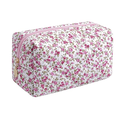 Makeup Bag Travel Cosmetic Bag for Women Girls, Zipper Make Up Pouch, Floral Flowers Toiletry Organizer Makeup, Portable Storage Cosmetic Travel Cloth Bag (Red Small Flower)