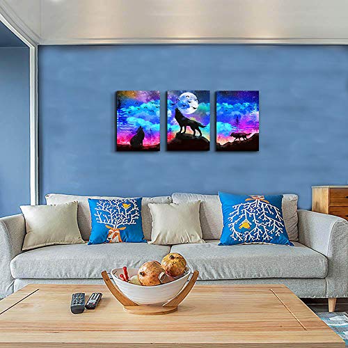 Canvas Wall Art For Living Room Bathroom Wall Decor For Bedroom Kitchen Artwork Canvas Art Prints 3 Pieces Modern Framed Office Home Decorations Blue Starry Sky Landscape Paintings Wolf Hang Pictures #TOP1