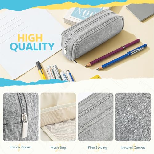 Image of Large Capacity Pencil Case Pencil Pouch Pen Bag with 3 Compartment Stationery Organizer with Zipper, School Supplies Organizer for Teen Adults (Grey)