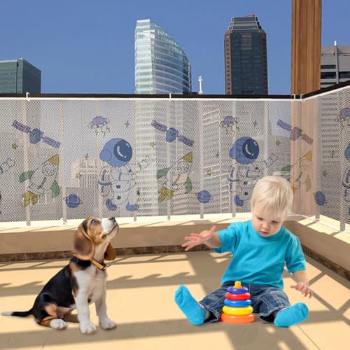 SNOWIE SOFT® Baby Safety Net, 118''x27'' Banister Guards Stairway Rail Net Polyester Stairway Baby Guards with 40 Zip Ties, Cartoon Space Man Print Safety Banister for Stairway, Patios or Balcony Use