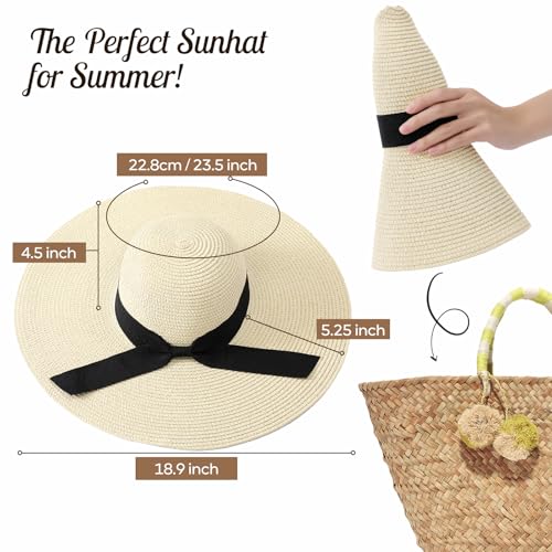 Image of Beach Hats for Women - Sun Hat Womens, Wide Brim Straw Womens Sun Hat with Wind Lanyard Roll Up Foldable UV Protection