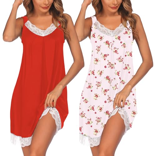 Image of Ekouaer Womens Nightgown 2 Pack Nightgown V Neck Lace Sleepwear Sleeveless Chemise Women's nightgowns & sleepshirts S-XXL