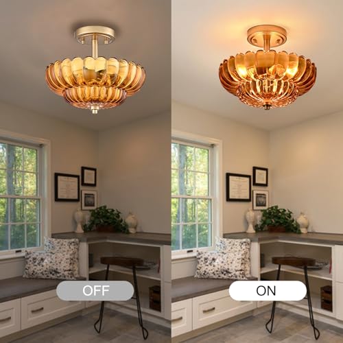 Image of Modern Amber Glass Scalloped 3-Light Flush Mount Ceiling Light Gold Base
