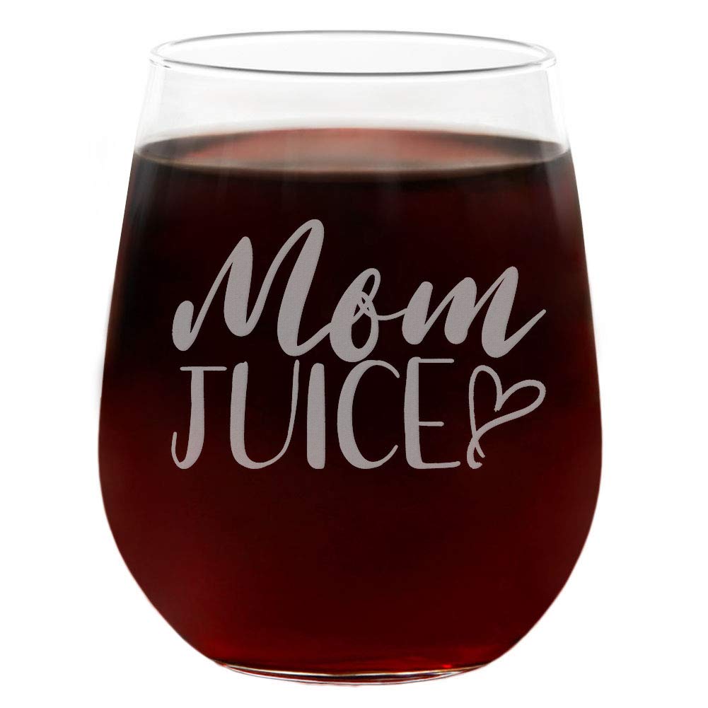 Mom Juice New Mom Gifts, Funny Cute Wine Glass, Engraved Stemless 21oz, Gift Box, Best Gift for Mother’s Day, Mom Birthday, New Mommy Gift Ideas, Mom to be, Mom Cup, Mom Wine Glass, Funny Mom Gifts