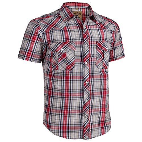 COEVALS CLUB Men's Casual Plaid Pearl Button Snap Front Short Sleeve Shirt Regular Fit (Red/Gray #22, L)
