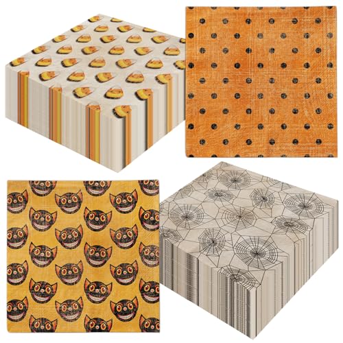 Servilletas de Halloween, servilletas de papel vintage de Halloween, naranja y negro, servilletas de cóctel para Halloween, suministros para decoraciones retro de Halloween