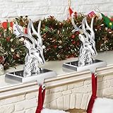 Loncaster Christmas Stocking Holders - Set of 2, 3D Reindeer Stocking Hangers with Weighted Mantle Hooks for Fireplace Toppers (Silver)