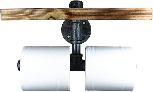 Miniatura 1 de Estante de almacenamiento de madera industrial urbano para montaje en pared, tubo de hierro, doble soporte de papel higiénico, rodillo para