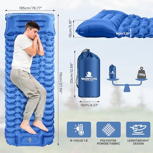 WARMTUYO Isomatte Camping, Ultraleicht Camping Aufblasbare Matratze mit Fußpresse Pumpe und Kopfkissen… – Ansicht 6