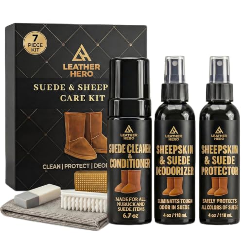 Leather Hero Suede & Sheepskin Cleaning Kit – Compatible with UGG Boots – Foam Cleaner & Conditioner, Water & Stain Protector, Deodorizer, Eraser, Brushes & Cloth – 7-Piece Complete Care Set