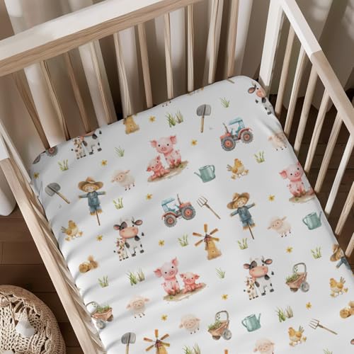 Image of Farm Life Pattern Baby Sheets for Crib, Unisex Cute Farm Animals Cow Chicken Sheep Nursery Fitted Bed Sheet for Boys Girls Standard Crib and Toddler Mattress-28x52