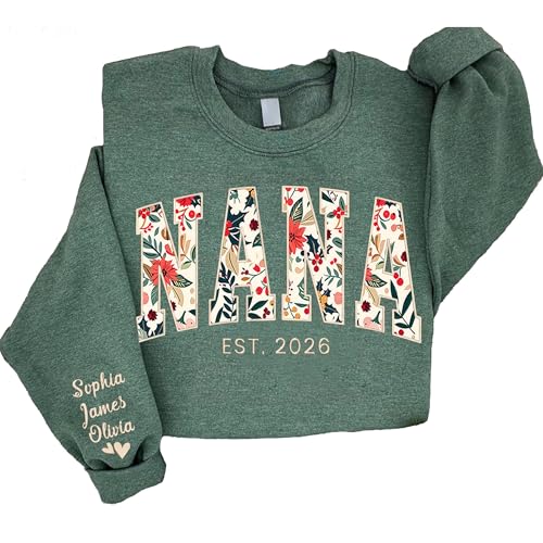 NAZENTI Custom Embroidered Nana Floral Shirt with Name on Sleeve Personalized Floral Crewneck Sweatshirt Ideal Birthday Best Nana Shirt for Women