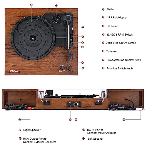 LP&No.1 Vinyl Record Player with Stereo Bookshelf Speakers, Vintage Wood Finish, 3-Speed Belt-Drive Turntable with Wireless Input Playback Mode, RCA Output, Auto Stop | Mahogany - Les Beatles, Paul McCartney, John Lennon, RIngo Starr, George Harrison LP&No.1 Vinyl Record Player with Stereo Bookshelf Speakers, Vintage Wood Finish, 3-Speed Belt-Drive Turntable with Wireless Input Playback Mode, RCA Output, Auto Stop | Mahogany – Image 3