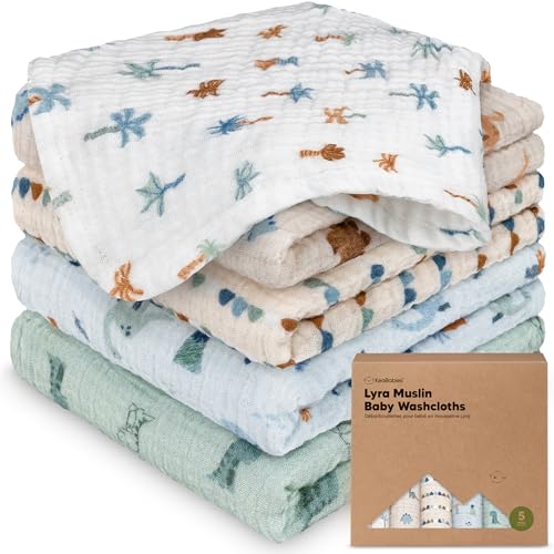 Image of 5-Pack Muslin Baby Washcloths for Newborn - 12x12 inch Soft Absorbent Organic Cotton Muslin Wash Cloths for Babies Girl, Boy, Infant, Toddlers, Kids Face Towel, Bath Essentials, Baby Burp Rags (Dino Park)