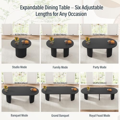 Image of weselon 42 inch-120 inch Extendable Dining Table for 4-14, Expandable Oval Dining Room Table with Fluted Pedestal Base & Reinforced Metal Support Leg, Extra Large Modern Kitchen Table (Black)