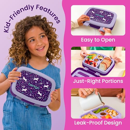 Image of Bentgo Kids Prints Leak-Proof, 5-Compartment Bento-Style Kids Lunch Box - Ideal Portion Sizes for Ages 3-7, Durable, Drop-Proof, Dishwasher Safe, & PFAS & BPA-Free Materials (Unicorn)